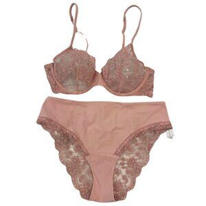 NWT La Perla Stolen Roses Embroidered Lace Underwire Bra 34C & M Panty Set Pink